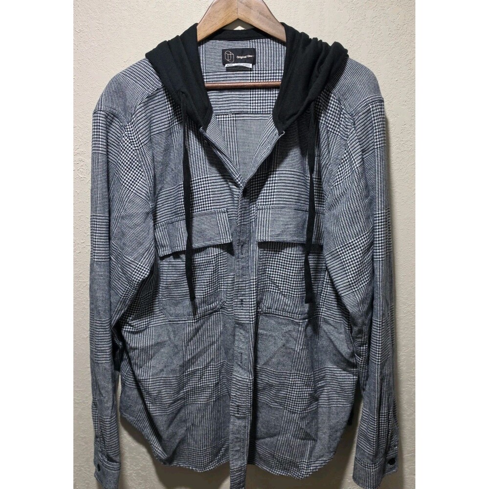 Original Use Mens Black & White Plaid Button Up Hoodie Shirt Size XXL